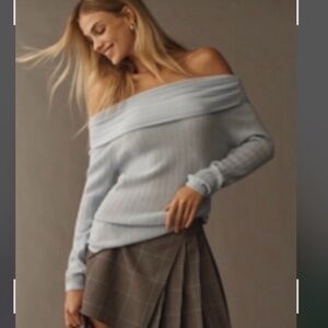 Anthropologie NWT off the shoulder, baby blue cashmere and wool blend sweater